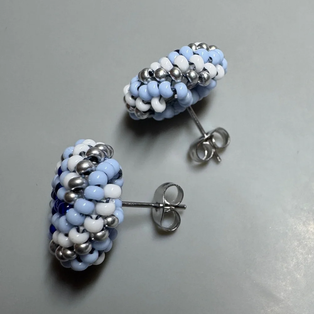 Sapphire Silver and White Stud Earrings Handmade Stainless Steel Beaded‎ Studs